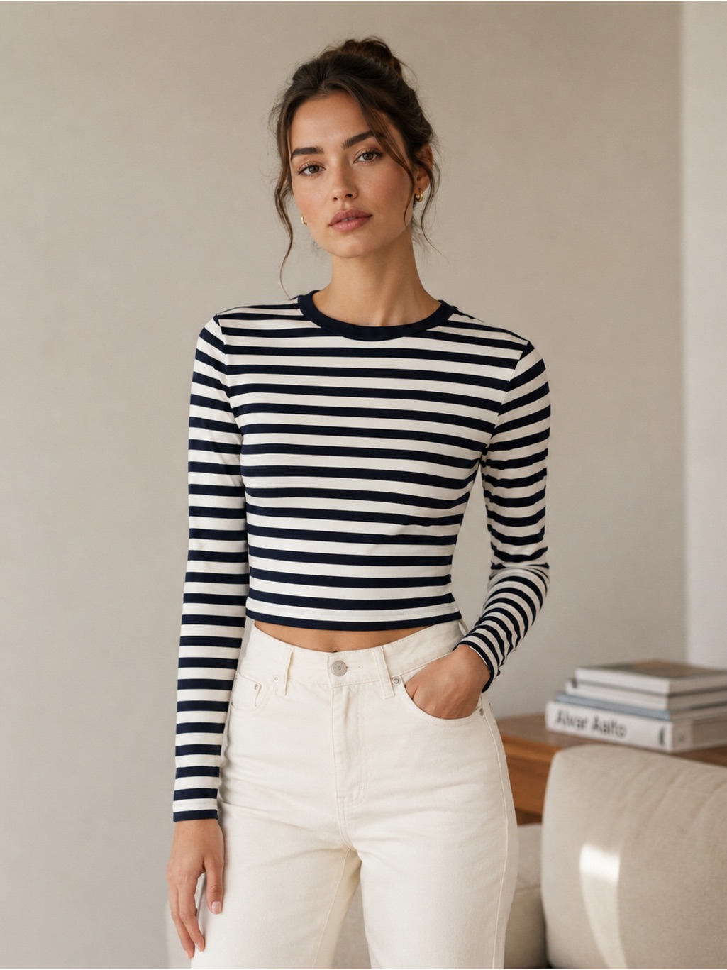 Zara Women's Long-Sleeve, Slim-Fit T-Shirt Navy Blue /White Stripes Xl New